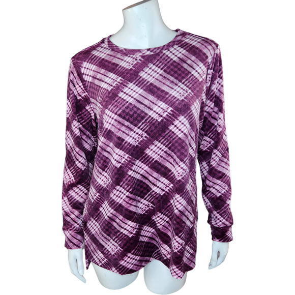 Denim & Co. Printed Velour Pullover Hi-Low Hem Deep Wine Plaid Petite Small NWOT - Picture 1 of 14